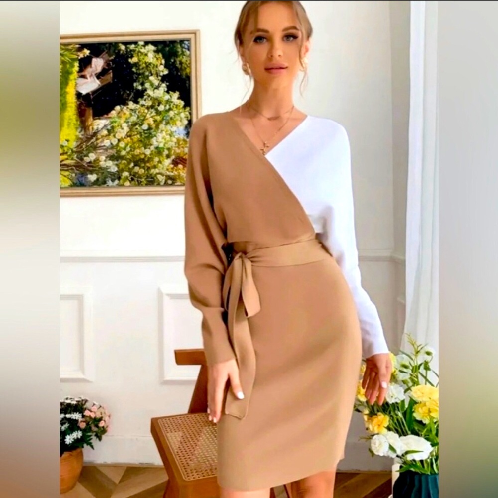 🎁 Tan and white colorblock sweater dress